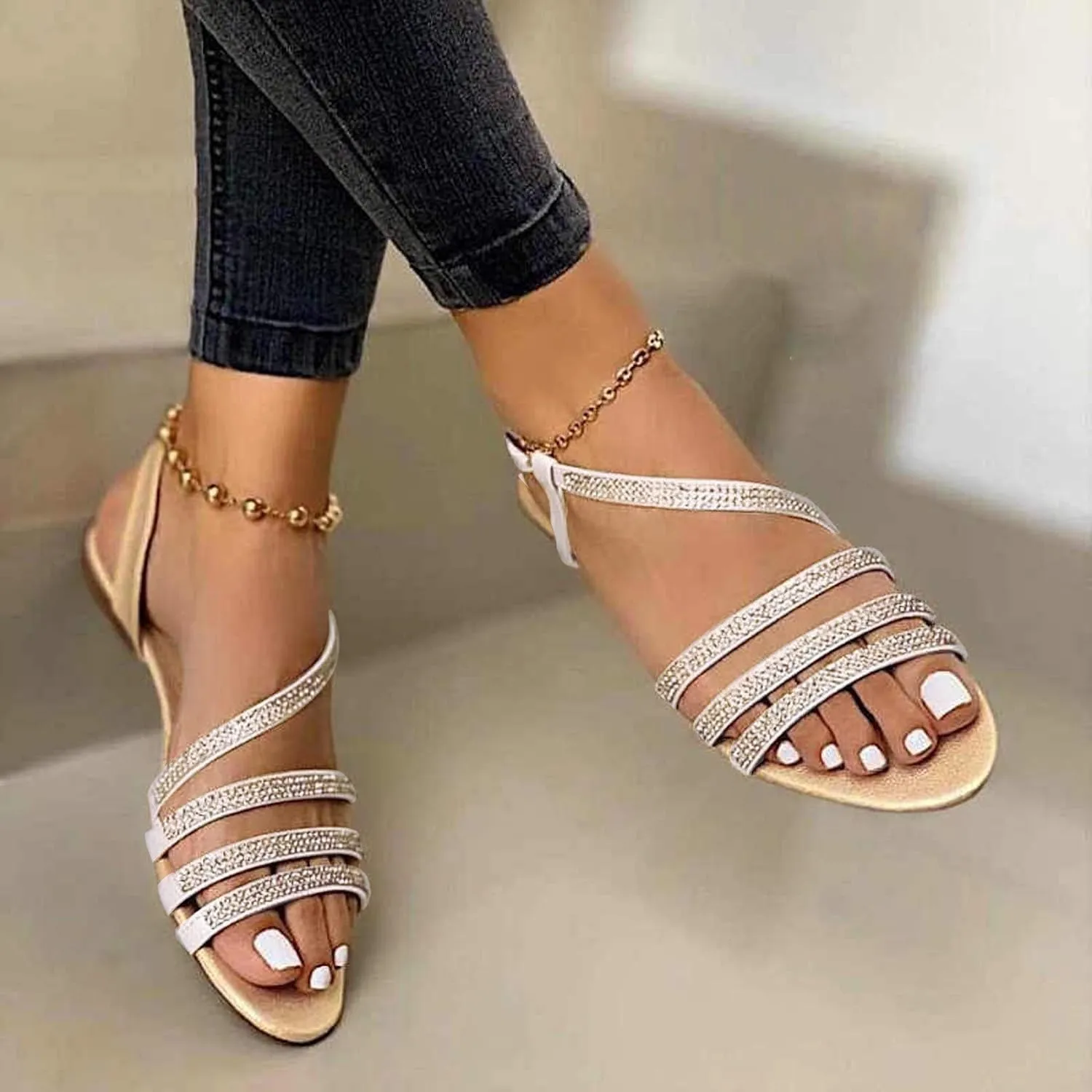 Eduavar Sandals for Women Dressy Summer, Sandals for Women Beach Sandals Breathable Buckle Rhinestone Open Toe Flat Sandals