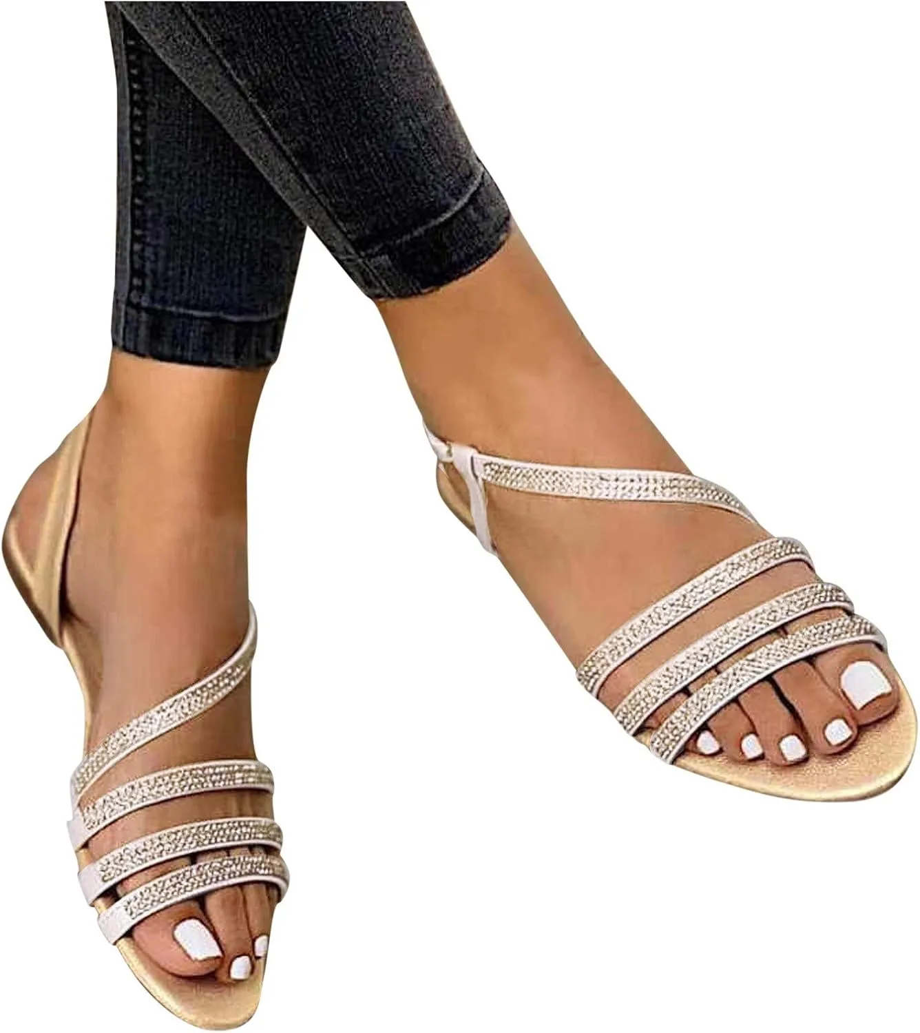 Eduavar Sandals for Women Dressy Summer, Sandals for Women Beach Sandals Breathable Buckle Rhinestone Open Toe Flat Sandals