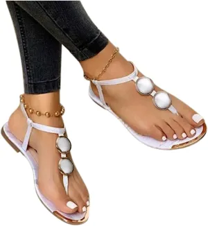 Eduavar Sandals for Women Dressy Summer, Sandals for Women Beach Sandals Breathable Buckle Rhinestone Open Toe Flat Sandals