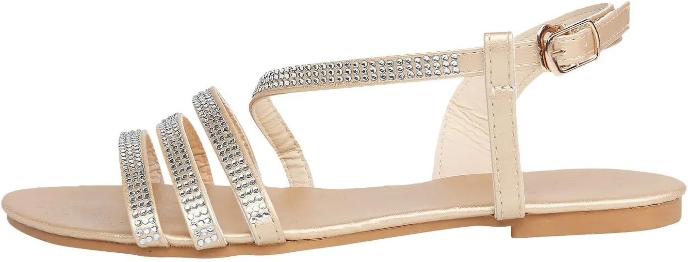 Eduavar Sandals for Women Dressy Summer, Sandals for Women Beach Sandals Breathable Buckle Rhinestone Open Toe Flat Sandals