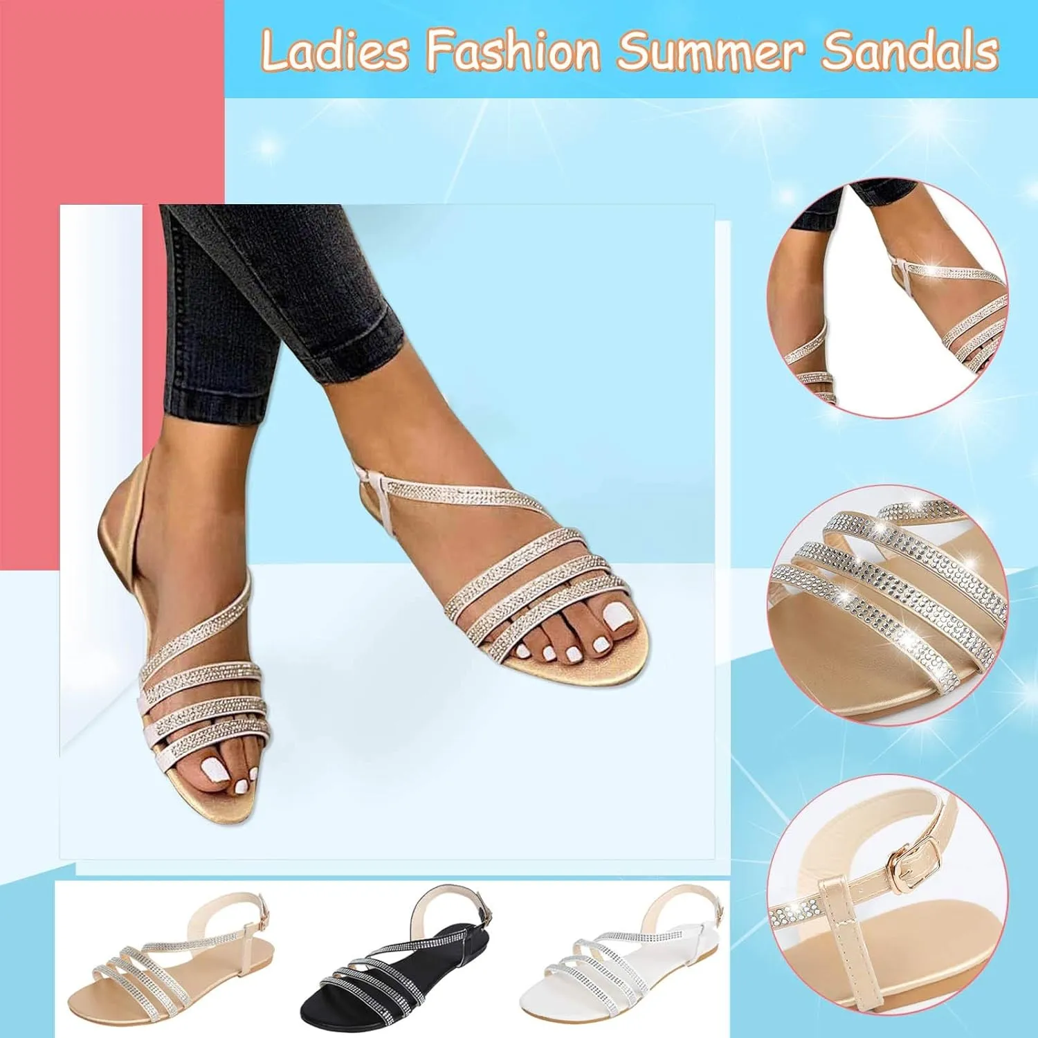 Eduavar Sandals for Women Dressy Summer, Sandals for Women Beach Sandals Breathable Buckle Rhinestone Open Toe Flat Sandals
