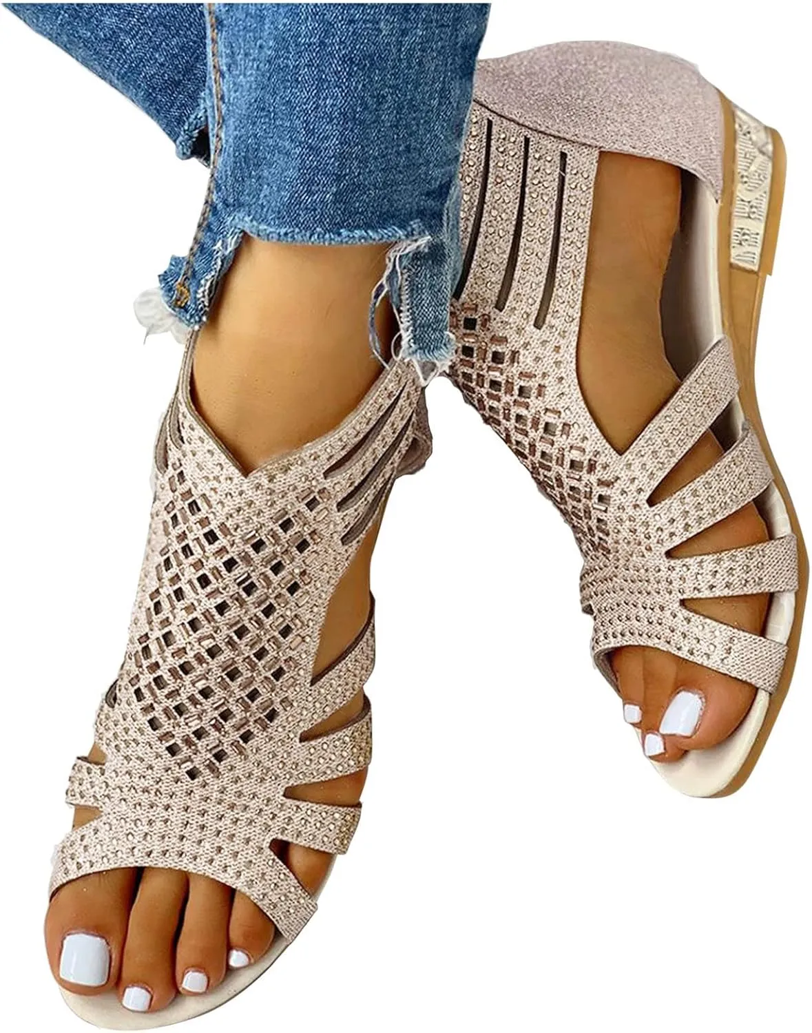 Eduavar Sandals for Women Dressy Summer, Womens Sandals Dressy Summer Beach Sandals Shoes Rhinestones Wedge Sandals