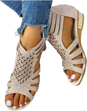 Eduavar Sandals for Women Dressy Summer, Womens Sandals Dressy Summer Beach Sandals Shoes Rhinestones Wedge Sandals