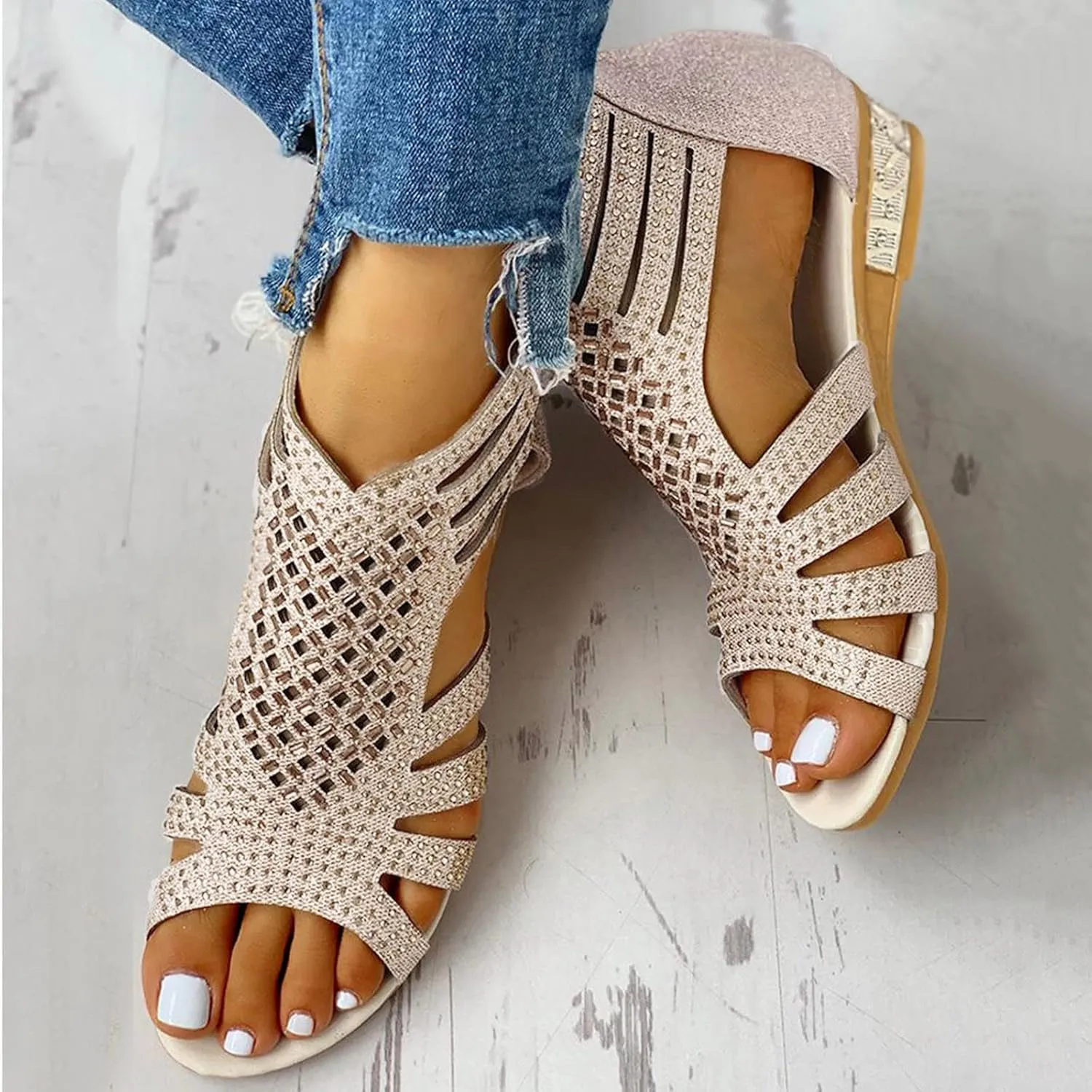 Eduavar Sandals for Women Dressy Summer, Womens Sandals Dressy Summer Beach Sandals Shoes Rhinestones Wedge Sandals