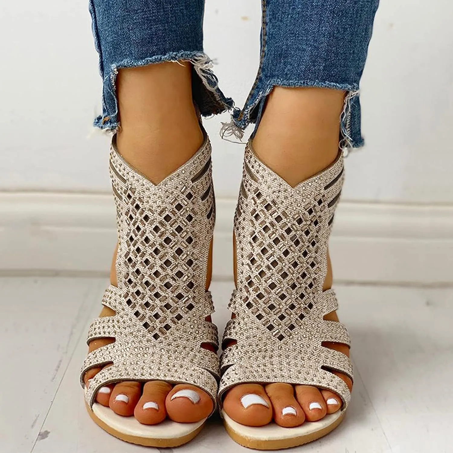 Eduavar Sandals for Women Dressy Summer, Womens Sandals Dressy Summer Beach Sandals Shoes Rhinestones Wedge Sandals