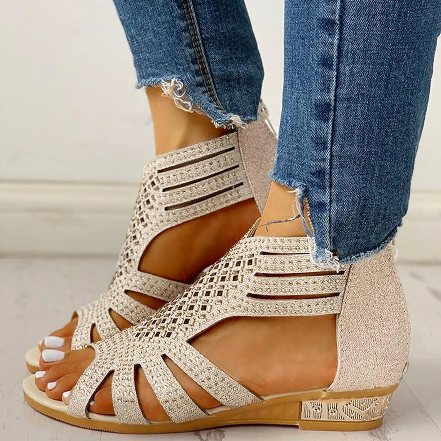 Eduavar Sandals for Women Dressy Summer, Womens Sandals Dressy Summer Beach Sandals Shoes Rhinestones Wedge Sandals