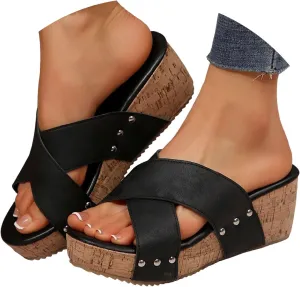 Eduavar Sandals Women Dressy Summer Flat, Sandals Women Fashion Dressy Ring Toe Platform Wedge Sandals Slip On Shoes