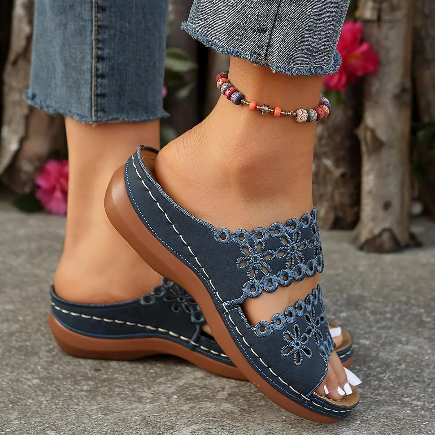 Eduavar Wedge Sandals for Women, Sandals Women Floral Leopard Print Sandals Peep Toe Wedge Sandals Comfy Slip On Shoes