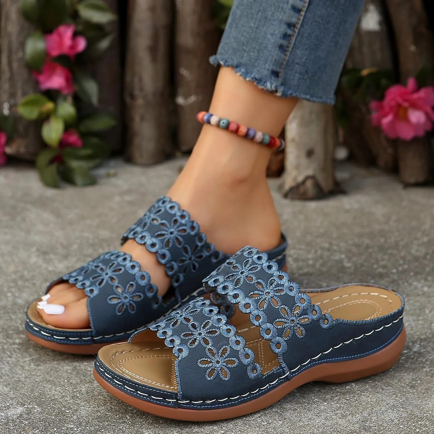 Eduavar Wedge Sandals for Women, Sandals Women Floral Leopard Print Sandals Peep Toe Wedge Sandals Comfy Slip On Shoes