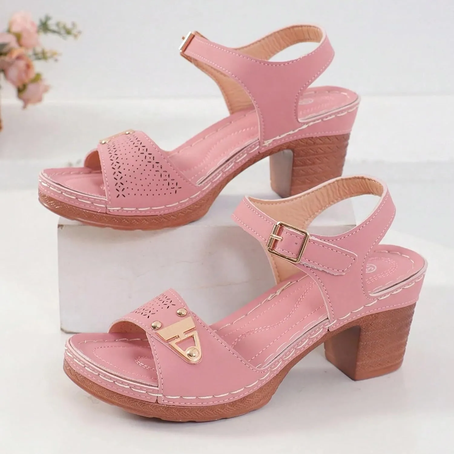 Eduavar Womens Wedge Sandals, Orthopedic Sandals for Women Leather Peep Toe Cutout Zipper Chunky Heeled Sandals
