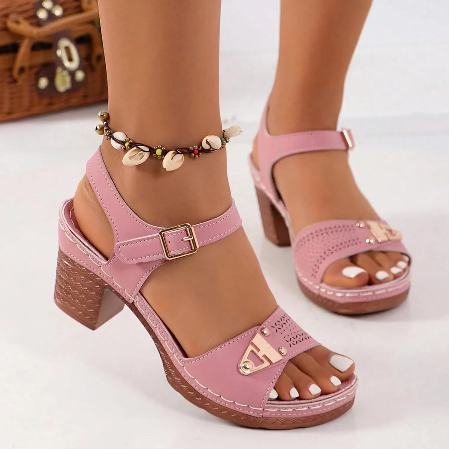 Eduavar Womens Wedge Sandals, Orthopedic Sandals for Women Leather Peep Toe Cutout Zipper Chunky Heeled Sandals
