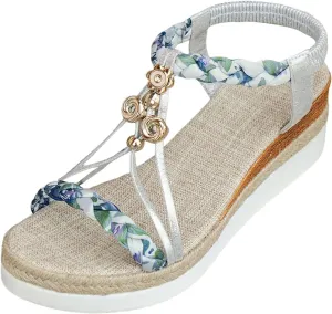 Espadrille Wedge Sandals for Women Comfortable Flat Bohemian Elastic Strap Dress Casual Summer Beach Low Heels Dressy Ankle T-Strap Sandal Rhinestone Beaded Open Toe Womens Bohe Shoes Party Vacation