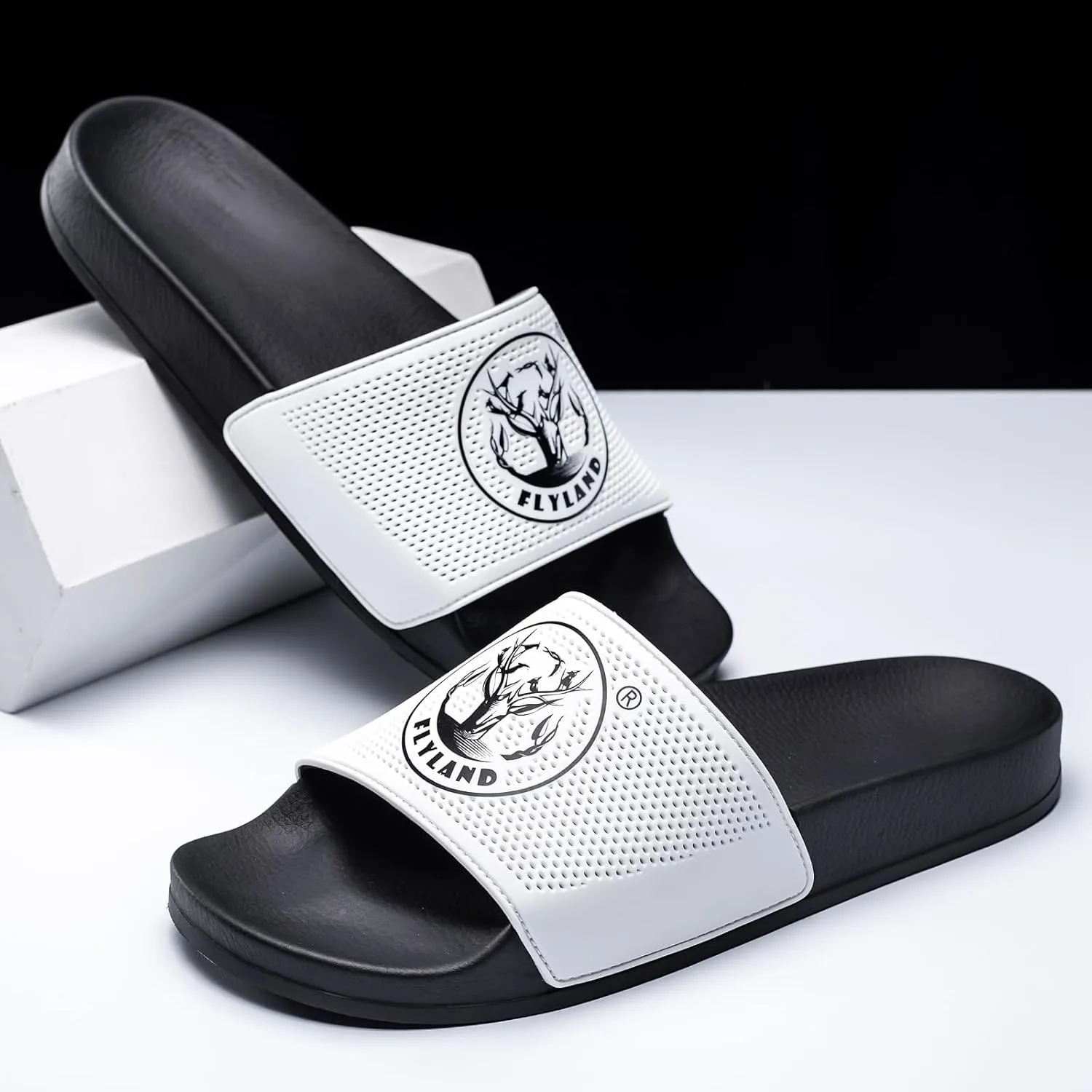 FLYLAND Men's Open Toe Slide Sandals Non-Slip Flat Slippers Outdoor Soft Comfort Fit & Arch Support
