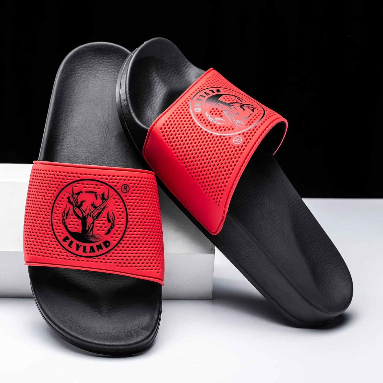 FLYLAND Men's Open Toe Slide Sandals Non-Slip Flat Slippers Outdoor Soft Comfort Fit & Arch Support