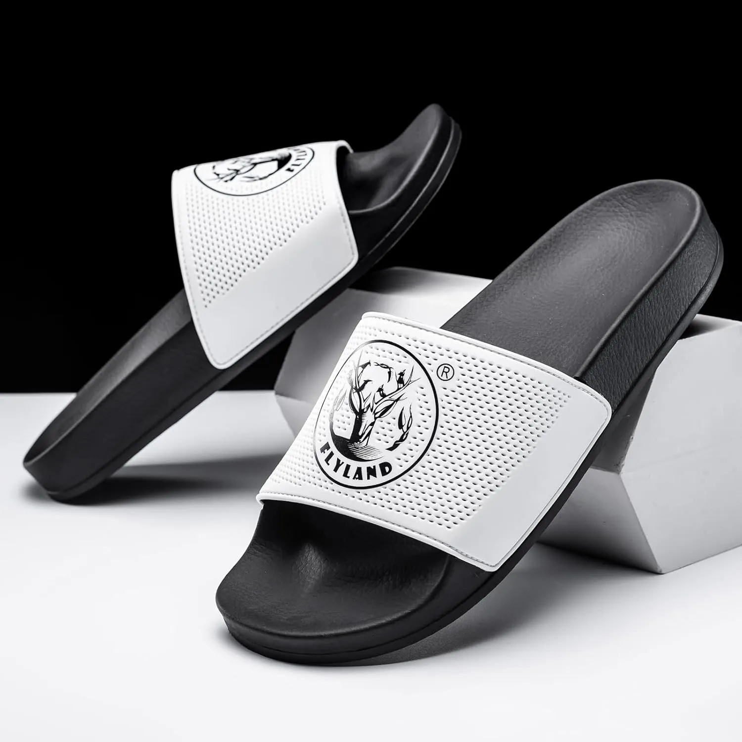 FLYLAND Men's Open Toe Slide Sandals Non-Slip Flat Slippers Outdoor Soft Comfort Fit & Arch Support