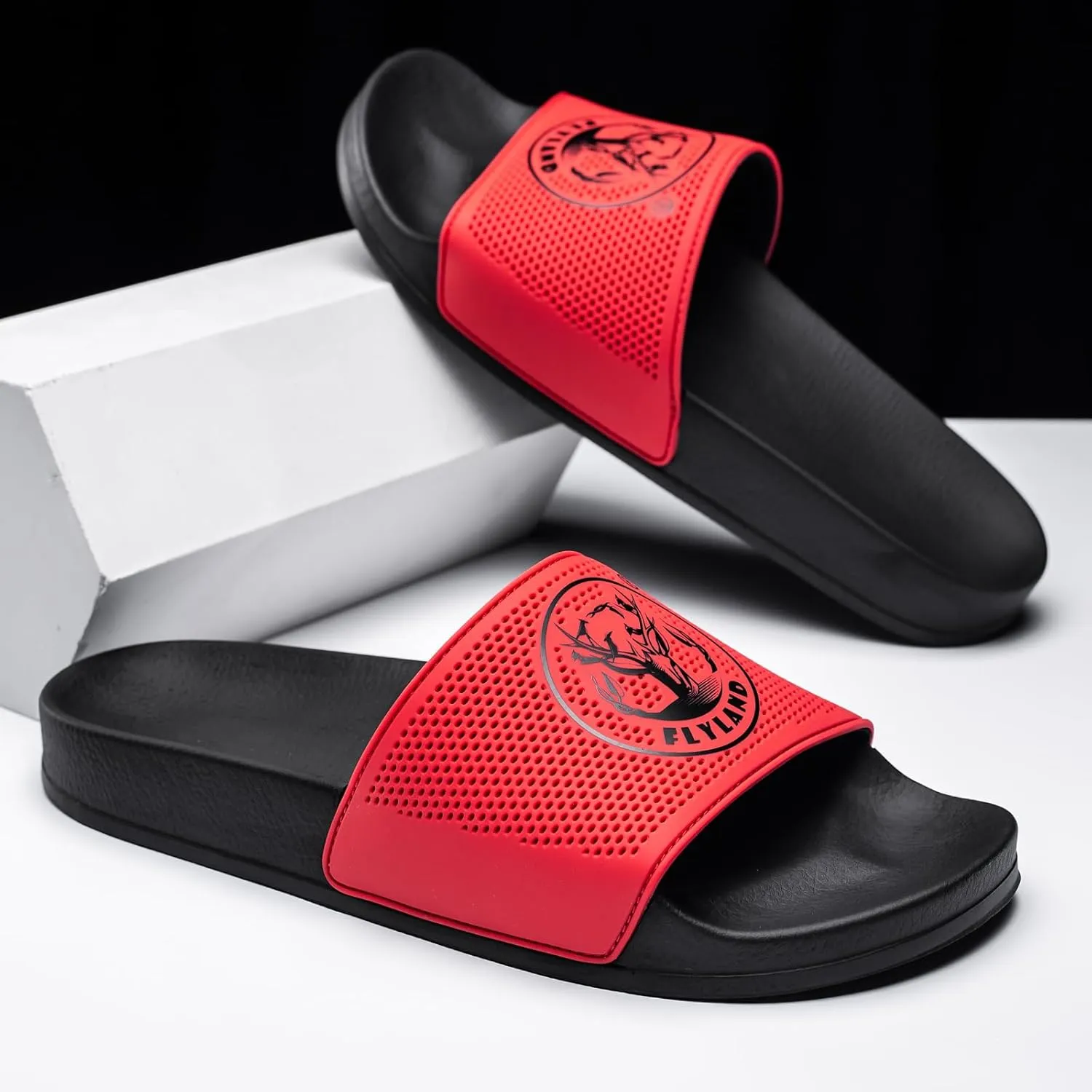 FLYLAND Men's Open Toe Slide Sandals Non-Slip Flat Slippers Outdoor Soft Comfort Fit & Arch Support