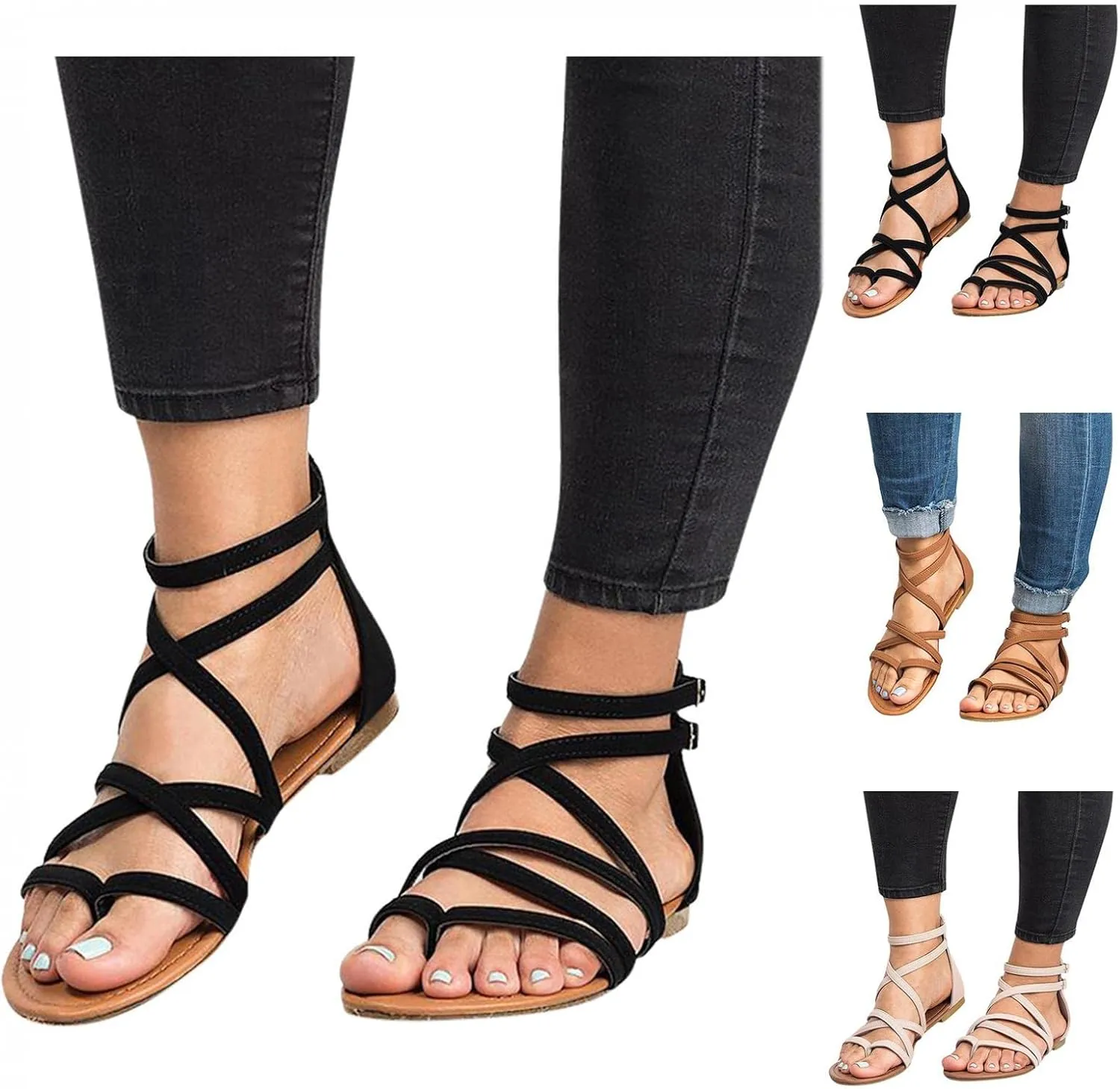 Gibobby Sandals for Women Casual Summer Buckle Ankle Strap Fashion Flat Sandals Thong Open Toe Flip Flop Women Sandals