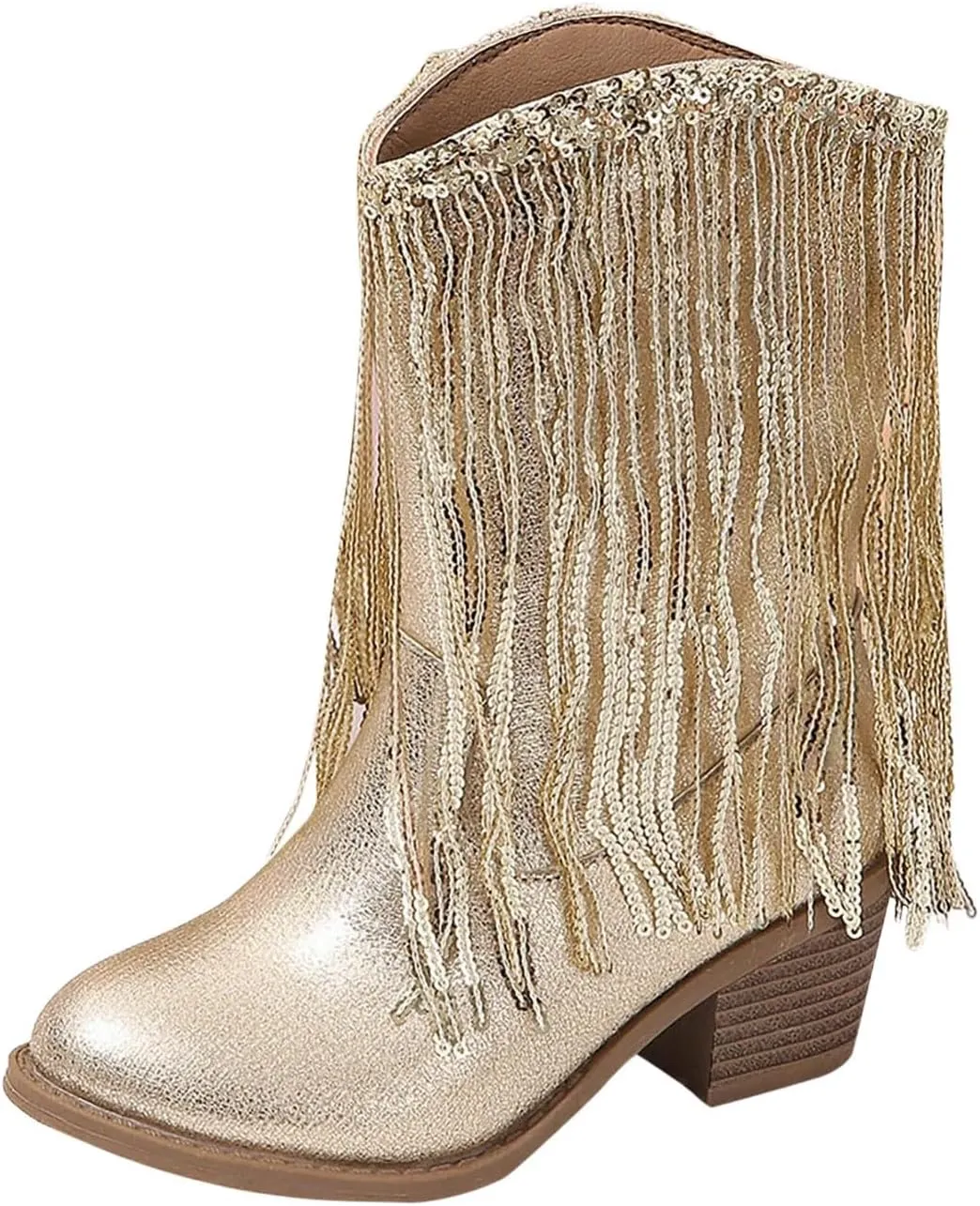 Girl's Cowgirl Boots Cowboy Fringe Western Boots Chunky Heel Tassel Mid Calf Boots Kids Pointed Toe Riding Boots