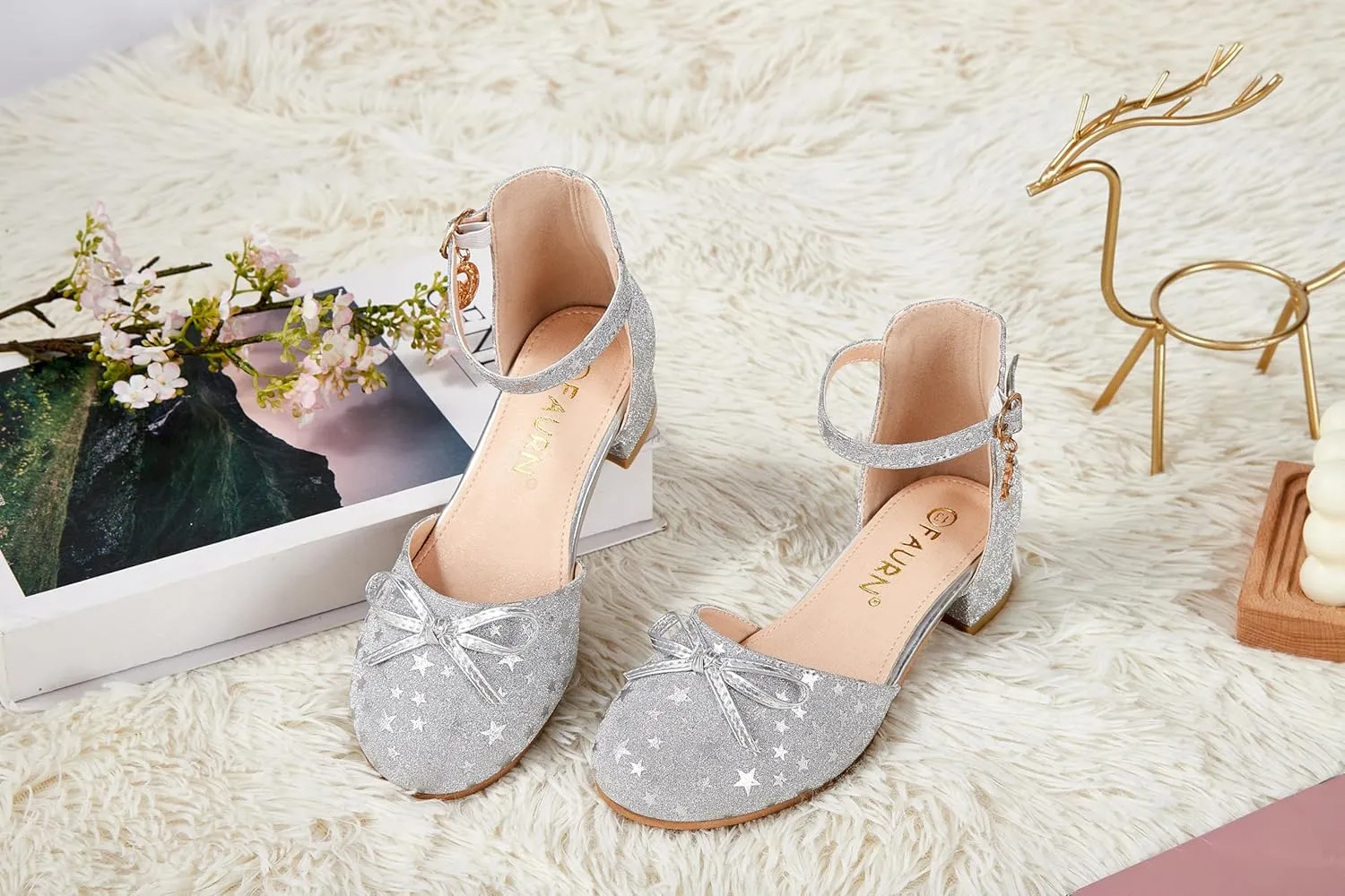 Girls Dress Shoes Closed Toe Heels Bowknot Ankle Strap Flower Pump Shoes Party Wedding School Sandals for Toddler Little Big Kid