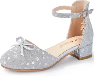 Girls Dress Shoes Closed Toe Heels Bowknot Ankle Strap Flower Pump Shoes Party Wedding School Sandals for Toddler Little Big Kid
