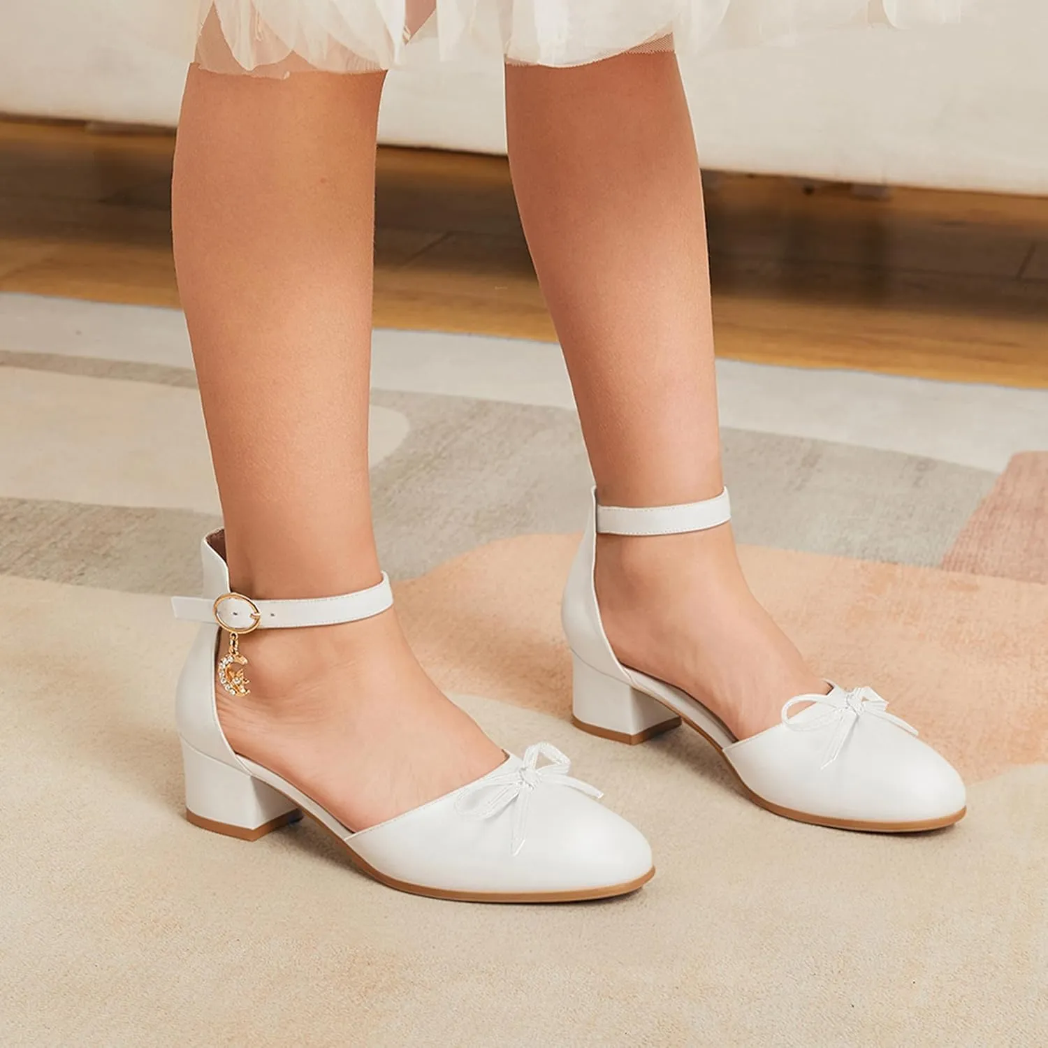 Girls Dress Shoes Closed Toe Heels Bowknot Ankle Strap Flower Pump Shoes Party Wedding School Sandals for Toddler Little Big Kid