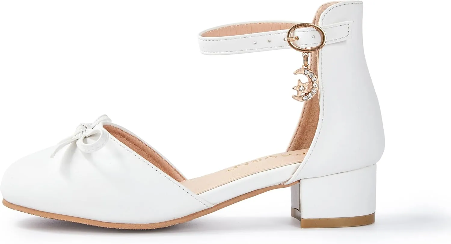 Girls Dress Shoes Closed Toe Heels Bowknot Ankle Strap Flower Pump Shoes Party Wedding School Sandals for Toddler Little Big Kid
