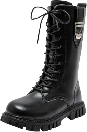 Girl's Knee High Boots Lace Up Side Zipper Combat Boots Faux Leather Non Slip Riding Boots Lug Sole Chunky Heels Shoes