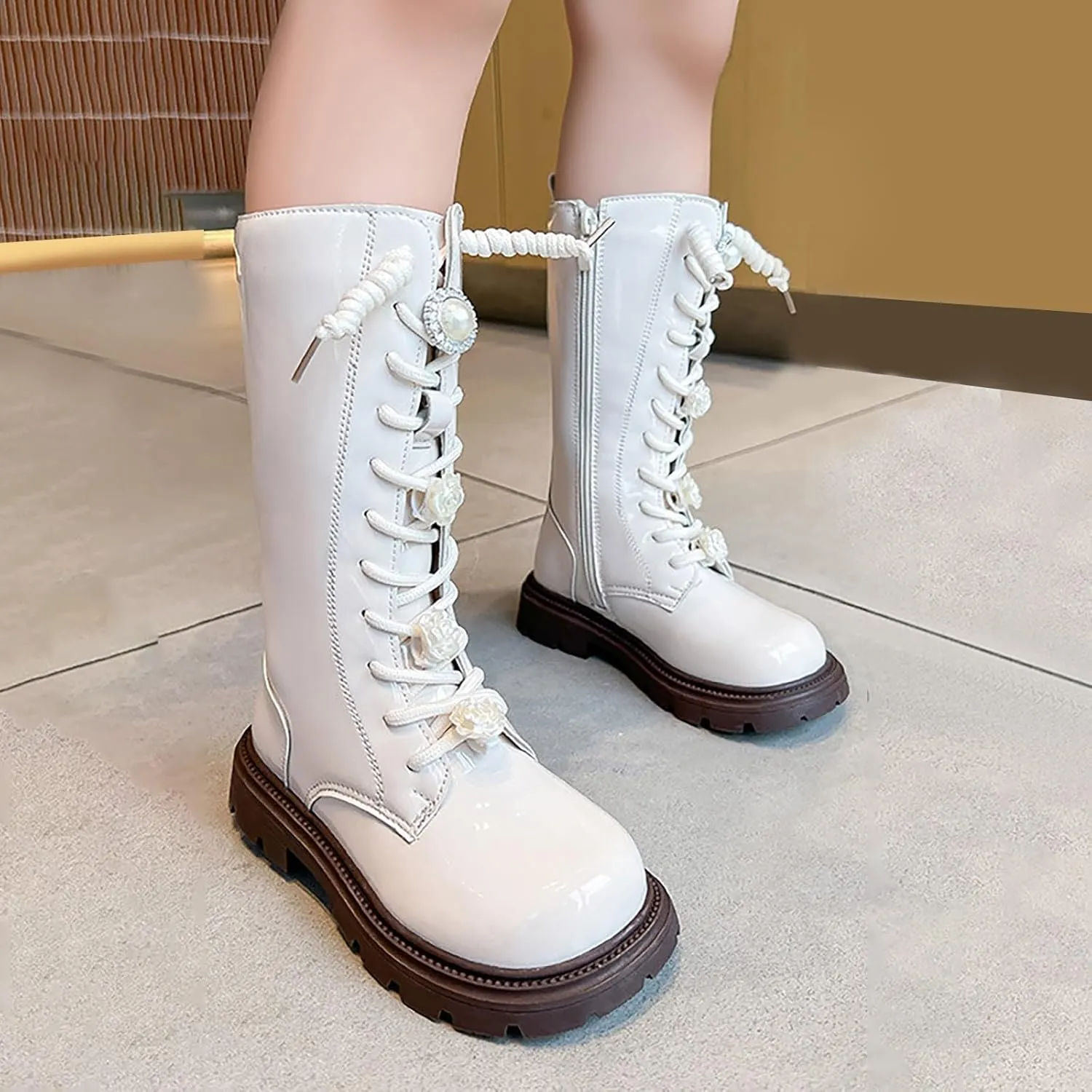 Girls Winter Boots Floral Lace up Combat Boots Leather Waterproof Side Zipper Mid Calf Cowgirl Riding Boots