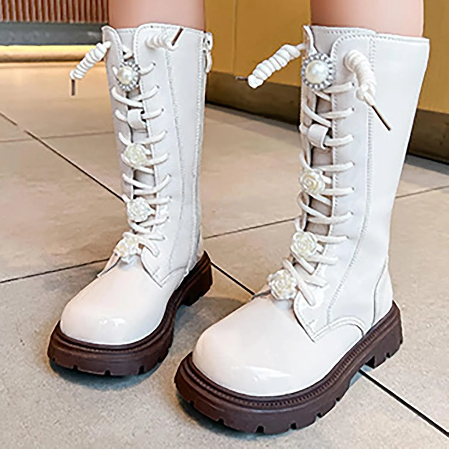 Girls Winter Boots Floral Lace up Combat Boots Leather Waterproof Side Zipper Mid Calf Cowgirl Riding Boots