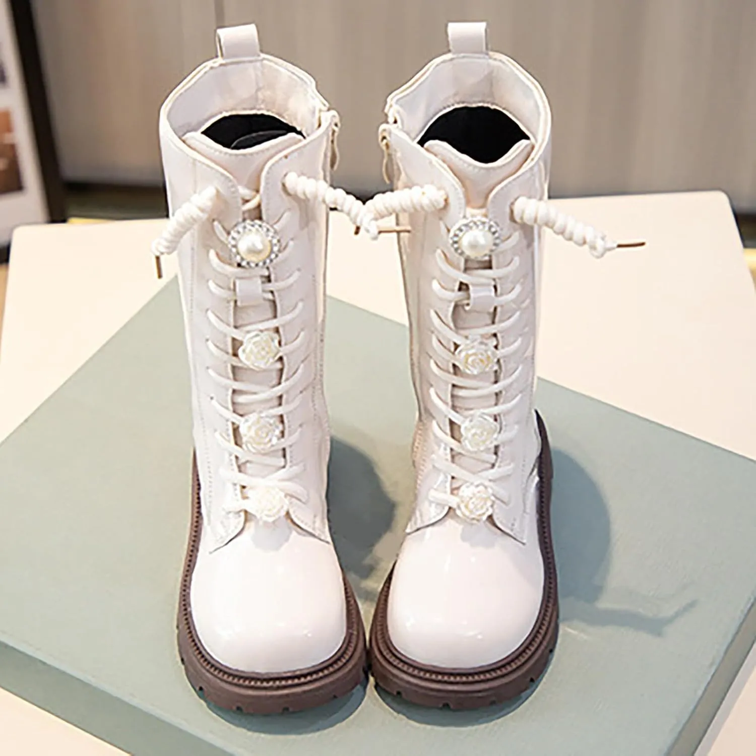 Girls Winter Boots Floral Lace up Combat Boots Leather Waterproof Side Zipper Mid Calf Cowgirl Riding Boots