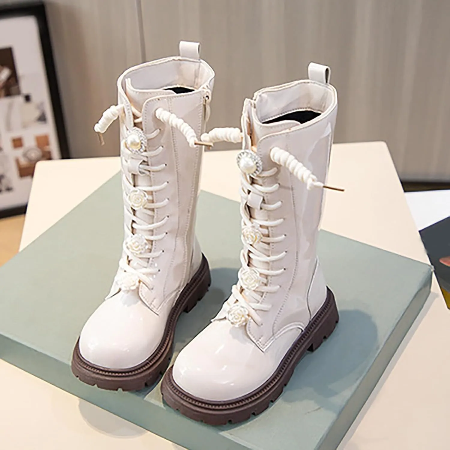 Girls Winter Boots Floral Lace up Combat Boots Leather Waterproof Side Zipper Mid Calf Cowgirl Riding Boots