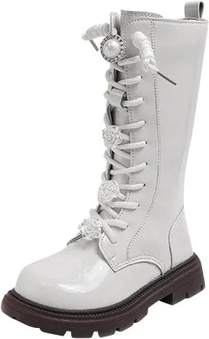 Girls Winter Boots Floral Lace up Combat Boots Leather Waterproof Side Zipper Mid Calf Cowgirl Riding Boots