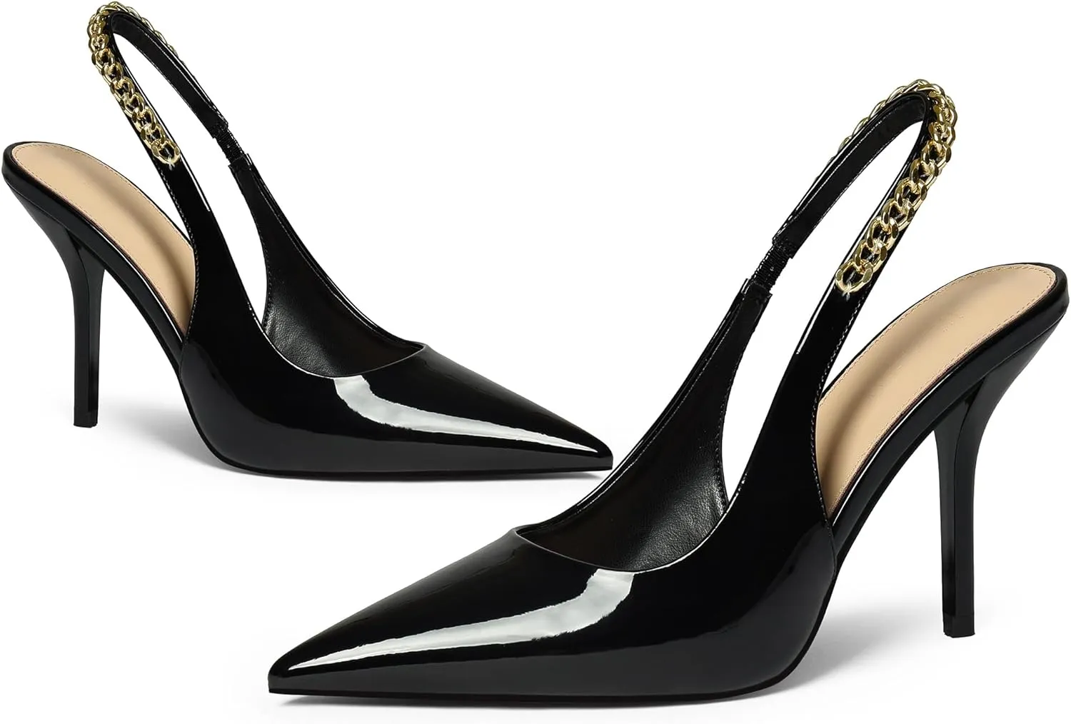 iiimmu Women's Stiletto Heels Closed Pointed Toe 4 in Heels for Women Patent Leather Pumps with Chain Wedding Party Dress Prom Heels Slingback Pumps