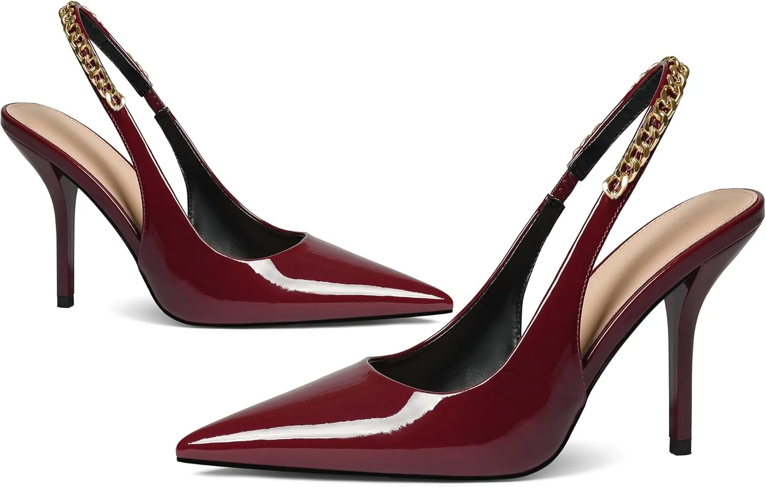 iiimmu Women's Stiletto Heels Closed Pointed Toe 4 in Heels for Women Patent Leather Pumps with Chain Wedding Party Dress Prom Heels Slingback Pumps