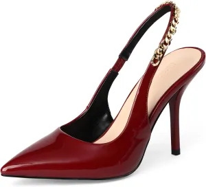 iiimmu Women's Stiletto Heels Closed Pointed Toe 4 in Heels for Women Patent Leather Pumps with Chain Wedding Party Dress Prom Heels Slingback Pumps