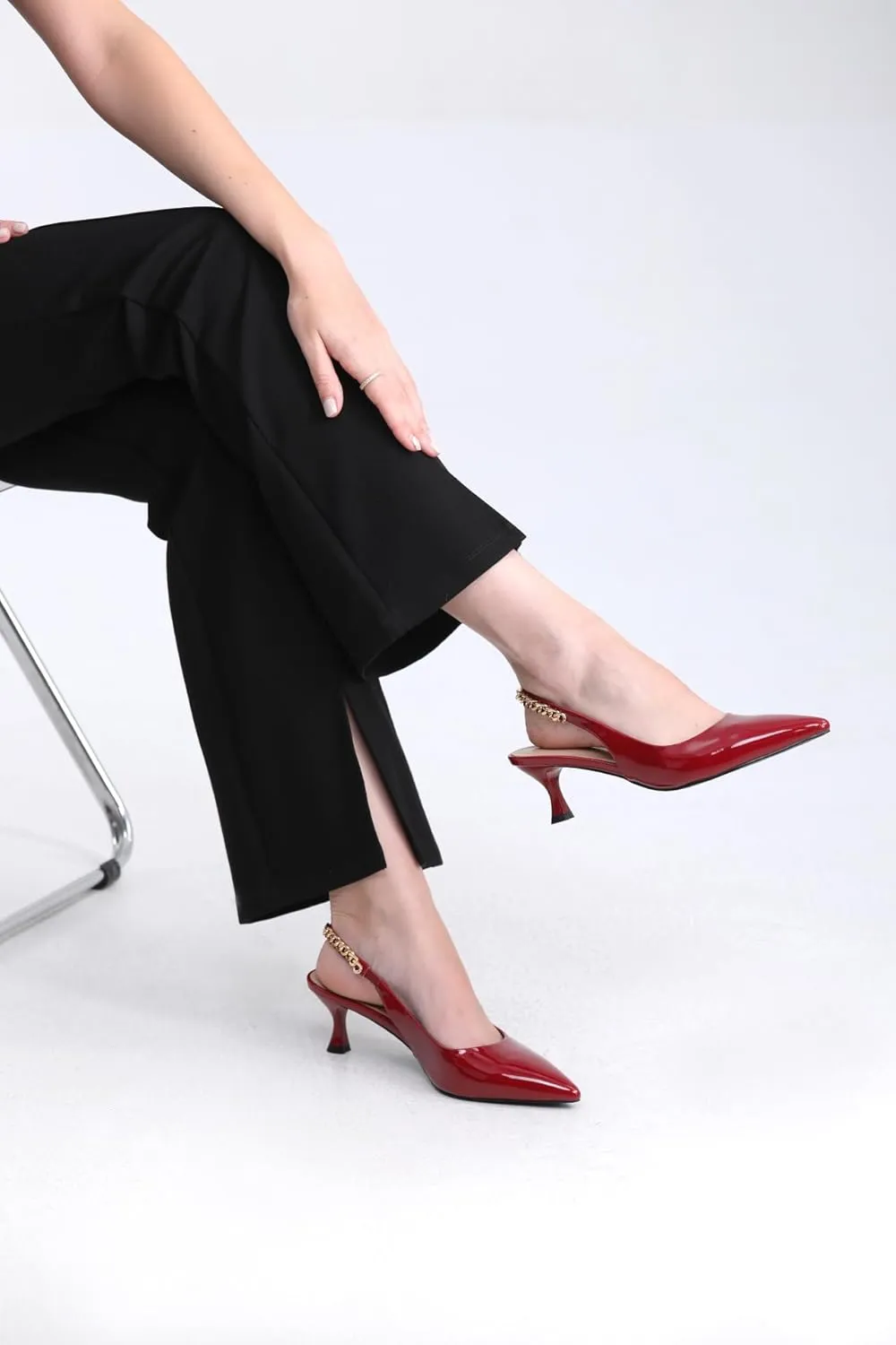 iiimmu Women's Stiletto Heels Closed Pointed Toe 4 in Heels for Women Patent Leather Pumps with Chain Wedding Party Dress Prom Heels Slingback Pumps