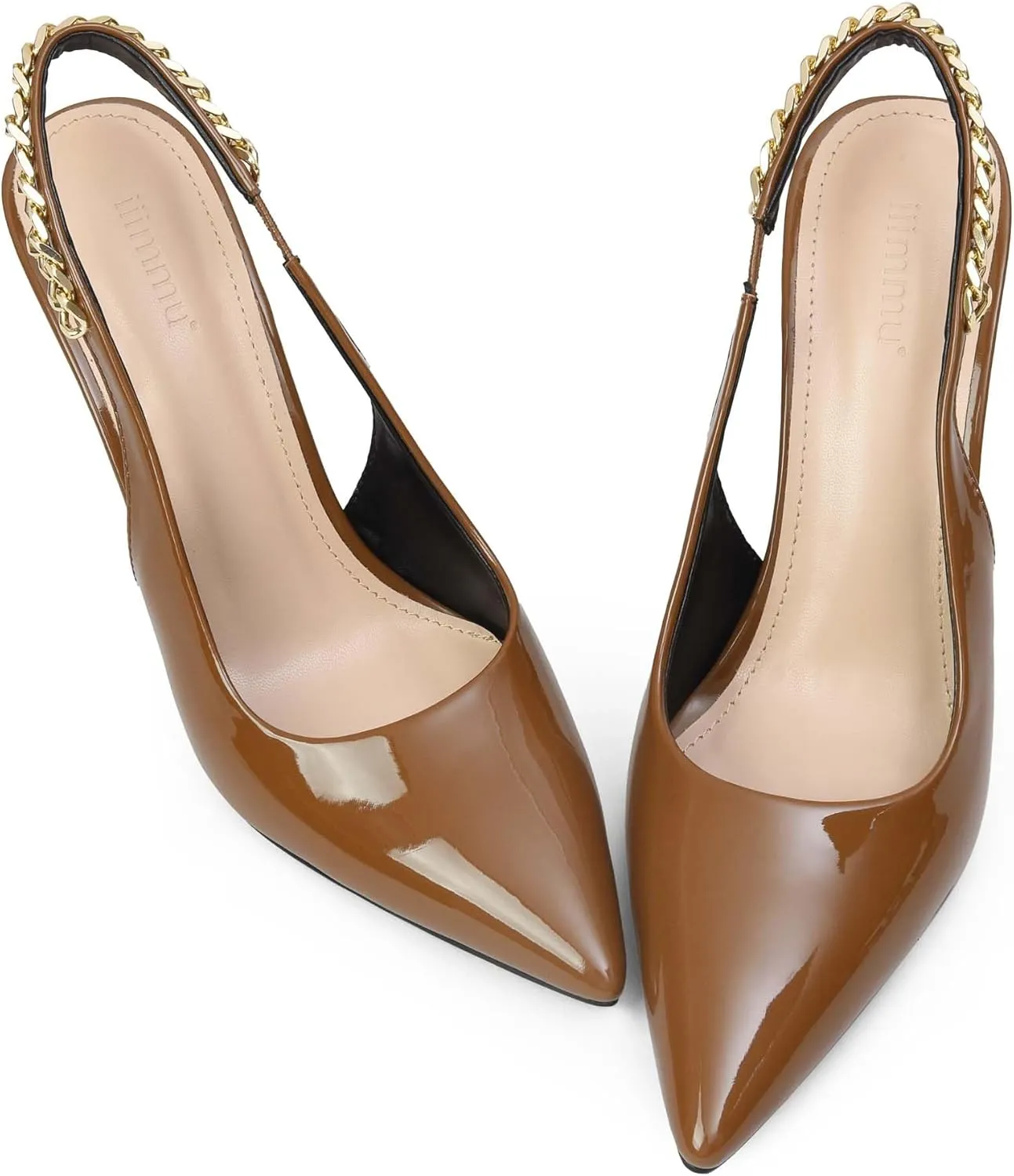 iiimmu Women's Stiletto Heels Closed Pointed Toe 4 in Heels for Women Patent Leather Pumps with Chain Wedding Party Dress Prom Heels Slingback Pumps