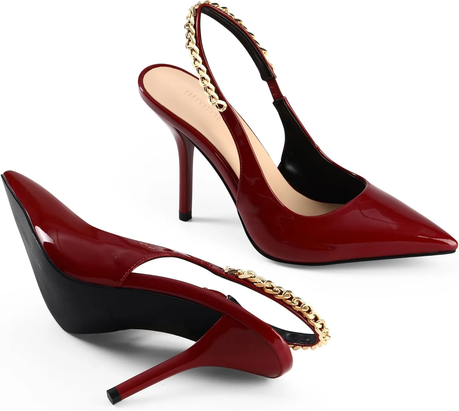 iiimmu Women's Stiletto Heels Closed Pointed Toe 4 in Heels for Women Patent Leather Pumps with Chain Wedding Party Dress Prom Heels Slingback Pumps