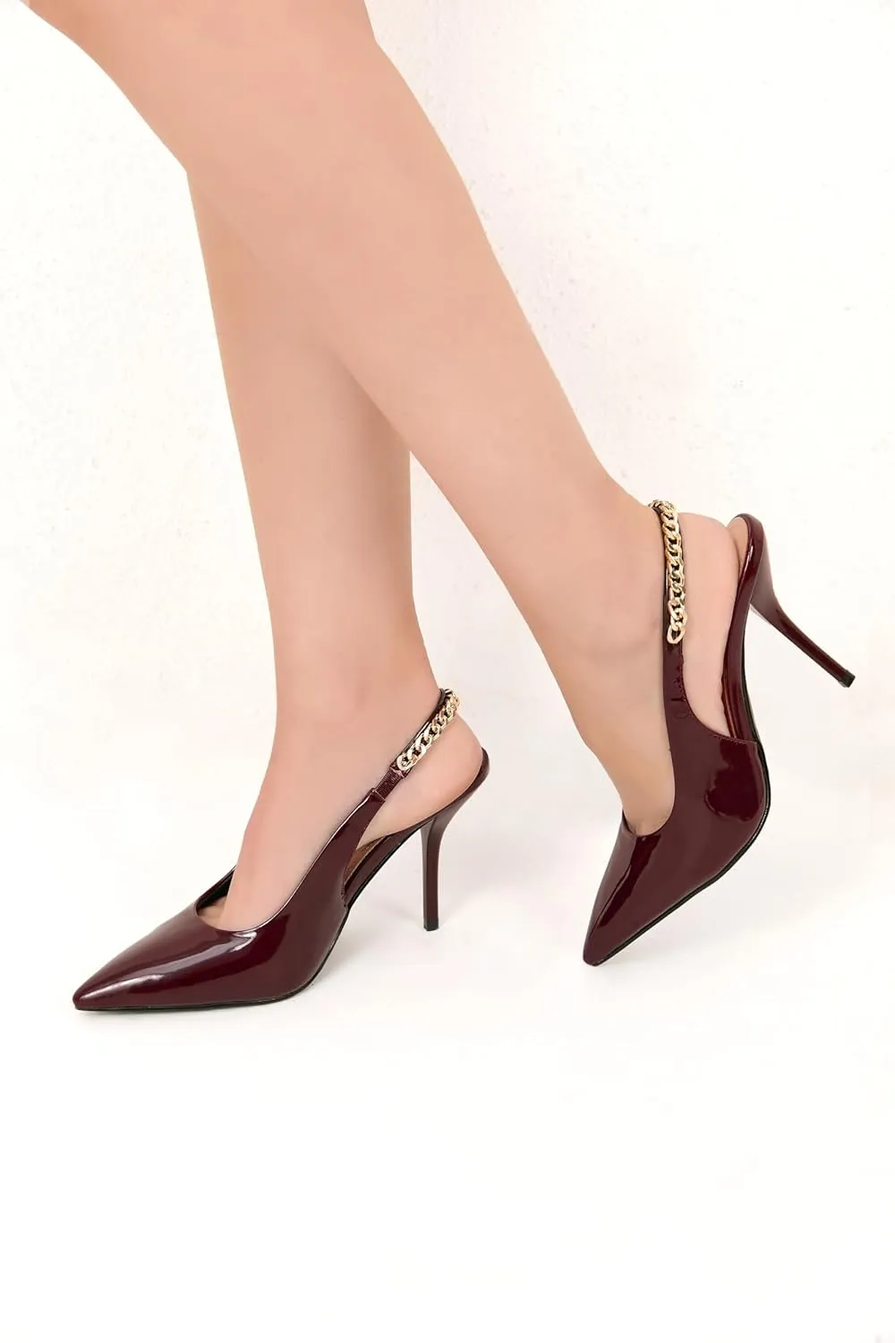 iiimmu Women's Stiletto Heels Closed Pointed Toe 4 in Heels for Women Patent Leather Pumps with Chain Wedding Party Dress Prom Heels Slingback Pumps