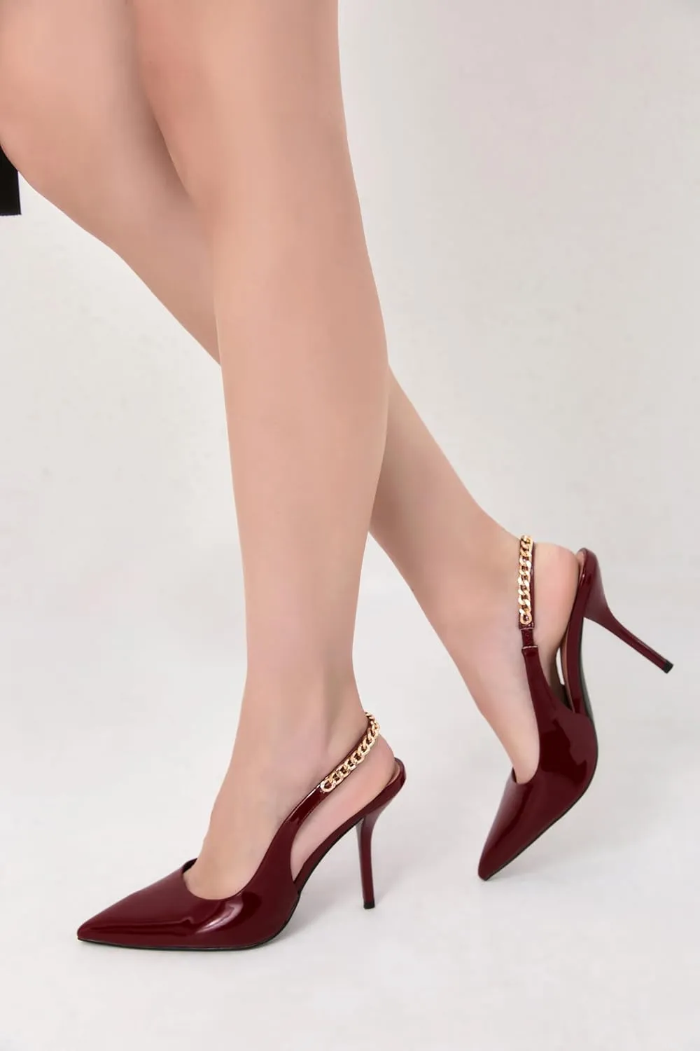 iiimmu Women's Stiletto Heels Closed Pointed Toe 4 in Heels for Women Patent Leather Pumps with Chain Wedding Party Dress Prom Heels Slingback Pumps