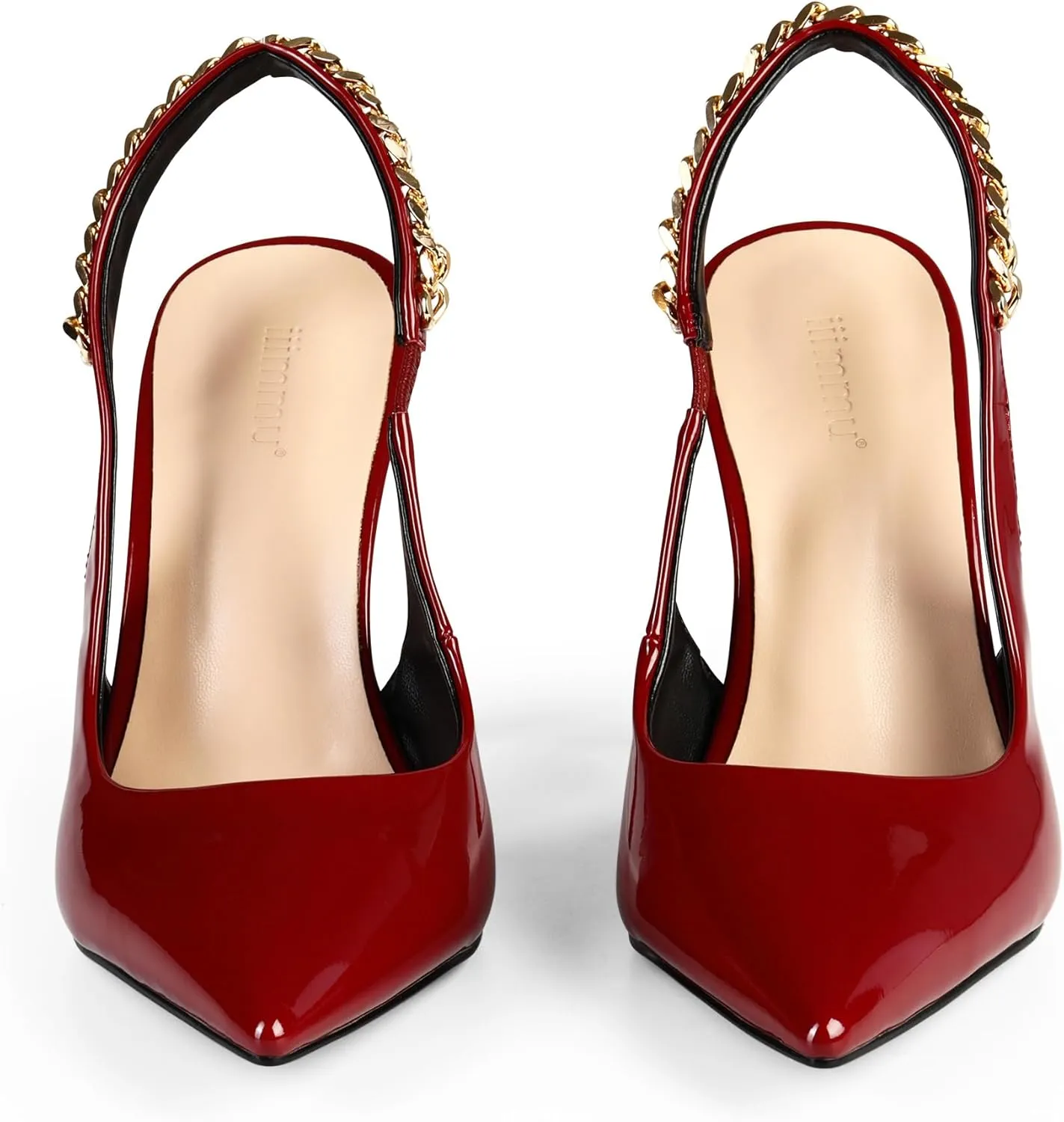 iiimmu Women's Stiletto Heels Closed Pointed Toe 4 in Heels for Women Patent Leather Pumps with Chain Wedding Party Dress Prom Heels Slingback Pumps
