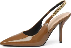 iiimmu Women's Stiletto Heels Closed Pointed Toe 4 in Heels for Women Patent Leather Pumps with Chain Wedding Party Dress Prom Heels Slingback Pumps
