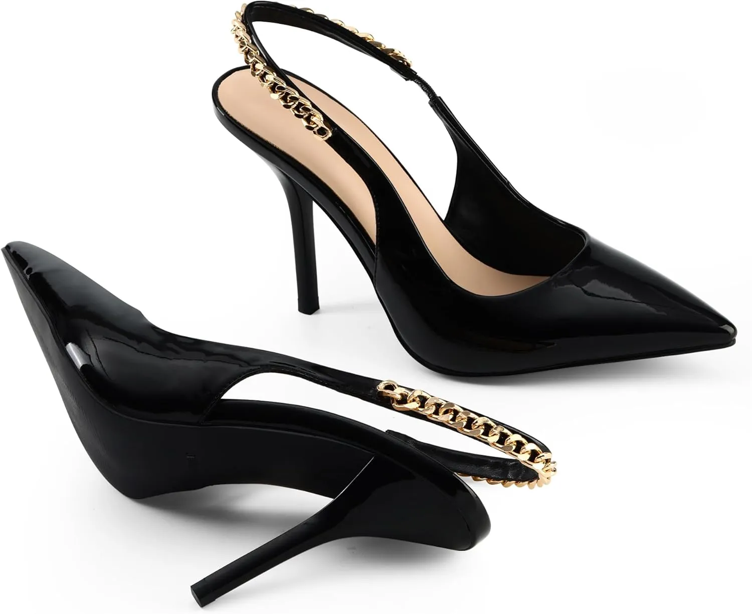 iiimmu Women's Stiletto Heels Closed Pointed Toe 4 in Heels for Women Patent Leather Pumps with Chain Wedding Party Dress Prom Heels Slingback Pumps