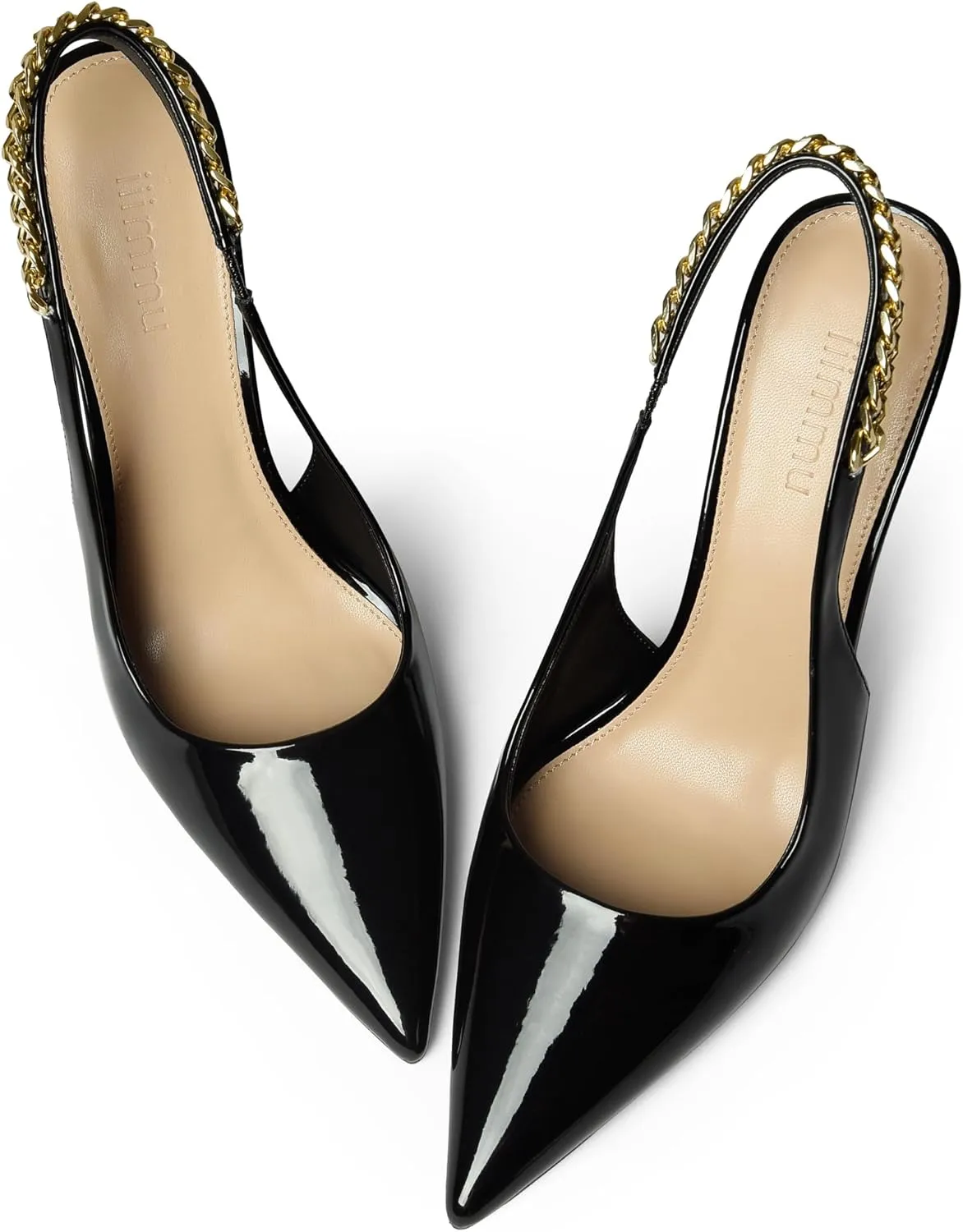 iiimmu Women's Stiletto Heels Closed Pointed Toe 4 in Heels for Women Patent Leather Pumps with Chain Wedding Party Dress Prom Heels Slingback Pumps