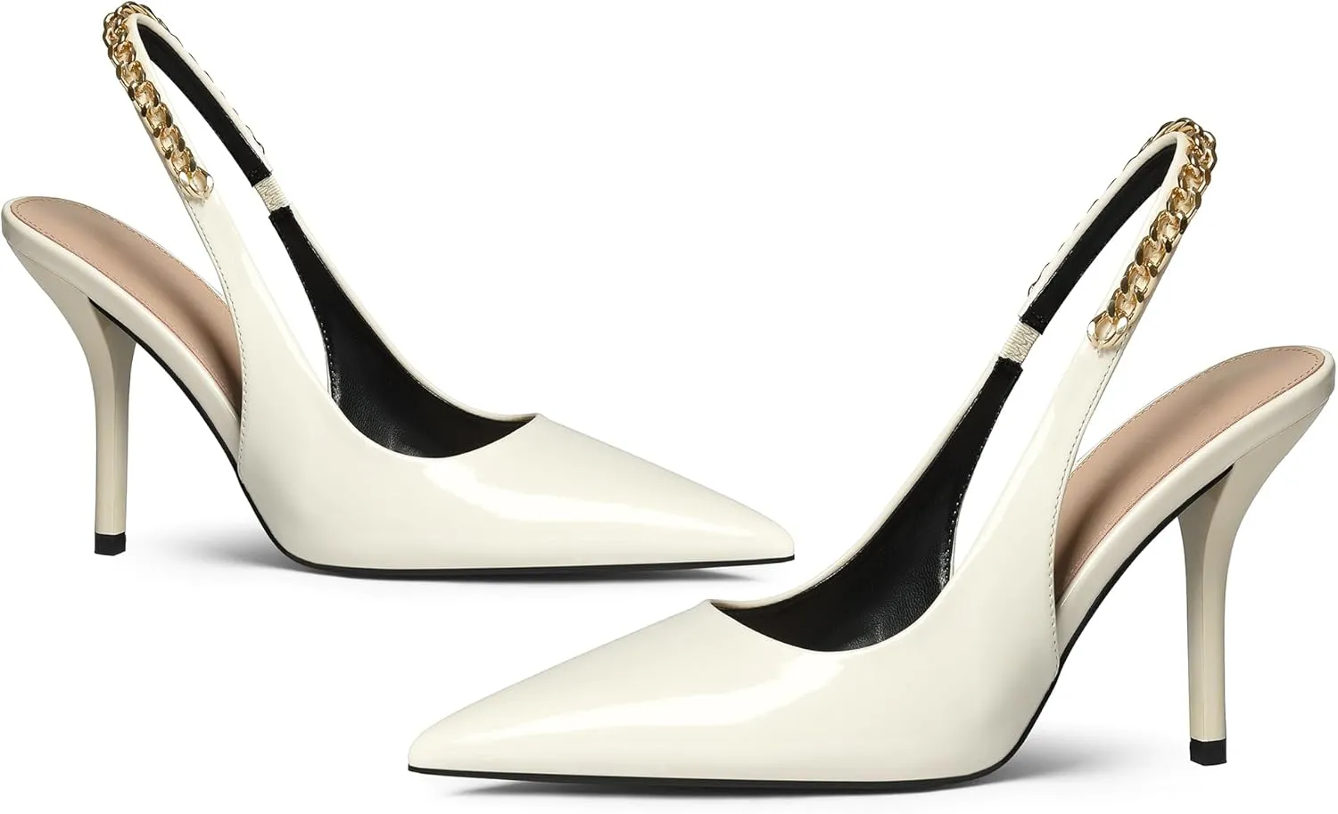 iiimmu Women's Stiletto Heels Closed Pointed Toe 4 in Heels for Women Patent Leather Pumps with Chain Wedding Party Dress Prom Heels Slingback Pumps