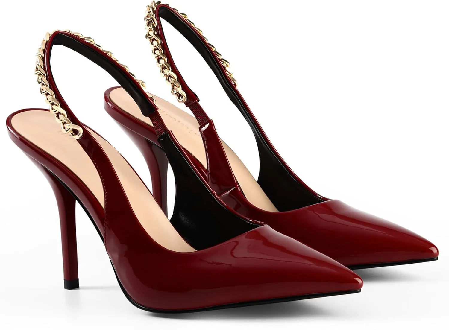 iiimmu Women's Stiletto Heels Closed Pointed Toe 4 in Heels for Women Patent Leather Pumps with Chain Wedding Party Dress Prom Heels Slingback Pumps
