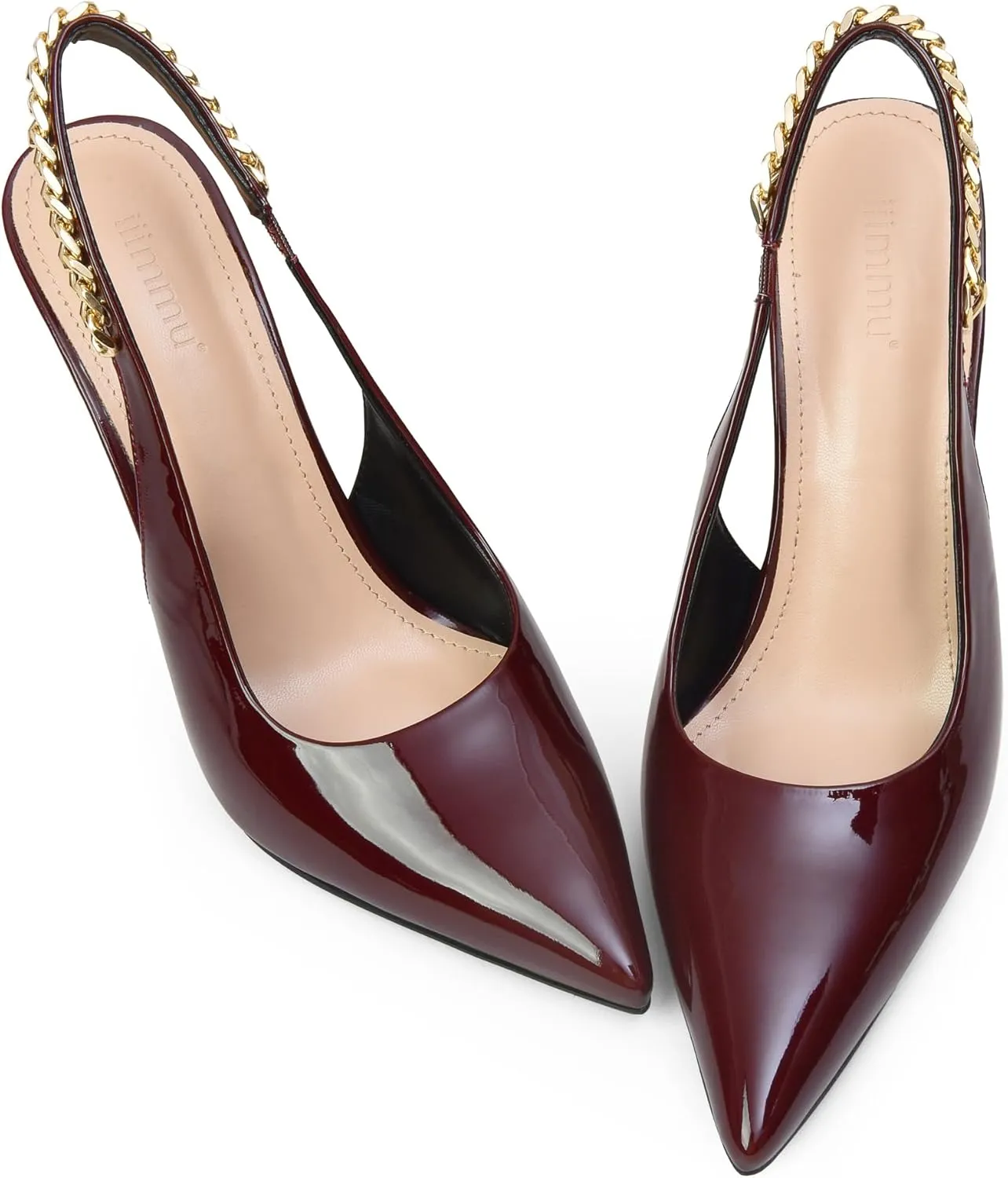 iiimmu Women's Stiletto Heels Closed Pointed Toe 4 in Heels for Women Patent Leather Pumps with Chain Wedding Party Dress Prom Heels Slingback Pumps