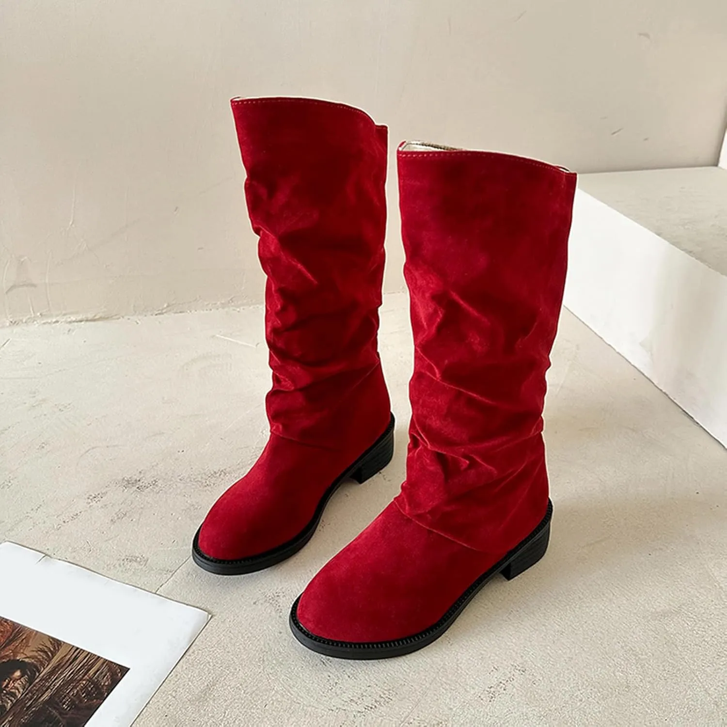 Ladies Fashion Winter Plush Insulation Solid Color Suede Thick Heeled Long Knee High Boots for Women Flat Wide Calf