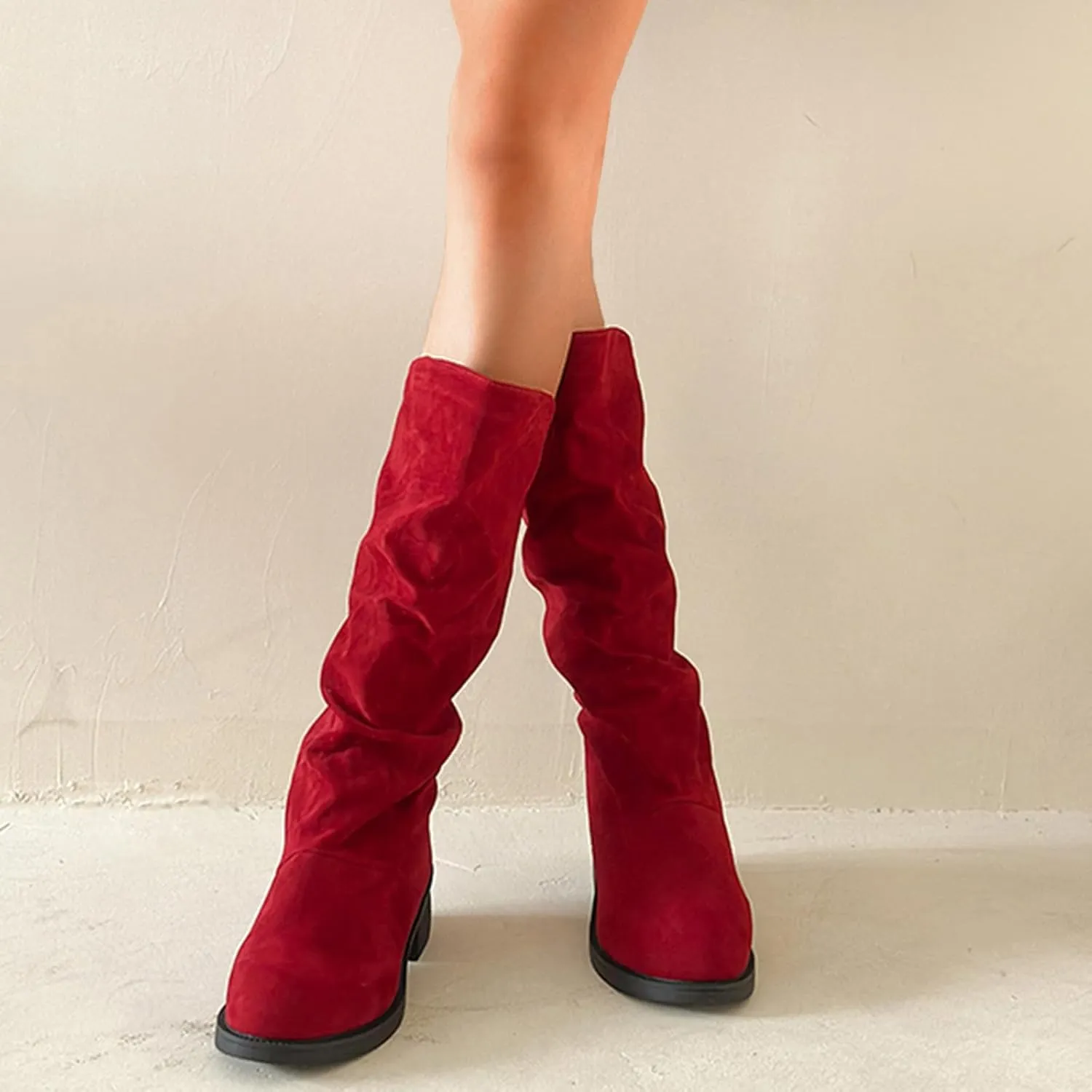 Ladies Fashion Winter Plush Insulation Solid Color Suede Thick Heeled Long Knee High Boots for Women Flat Wide Calf