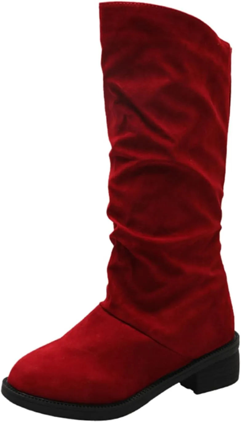 Ladies Fashion Winter Plush Insulation Solid Color Suede Thick Heeled Long Knee High Boots for Women Flat Wide Calf